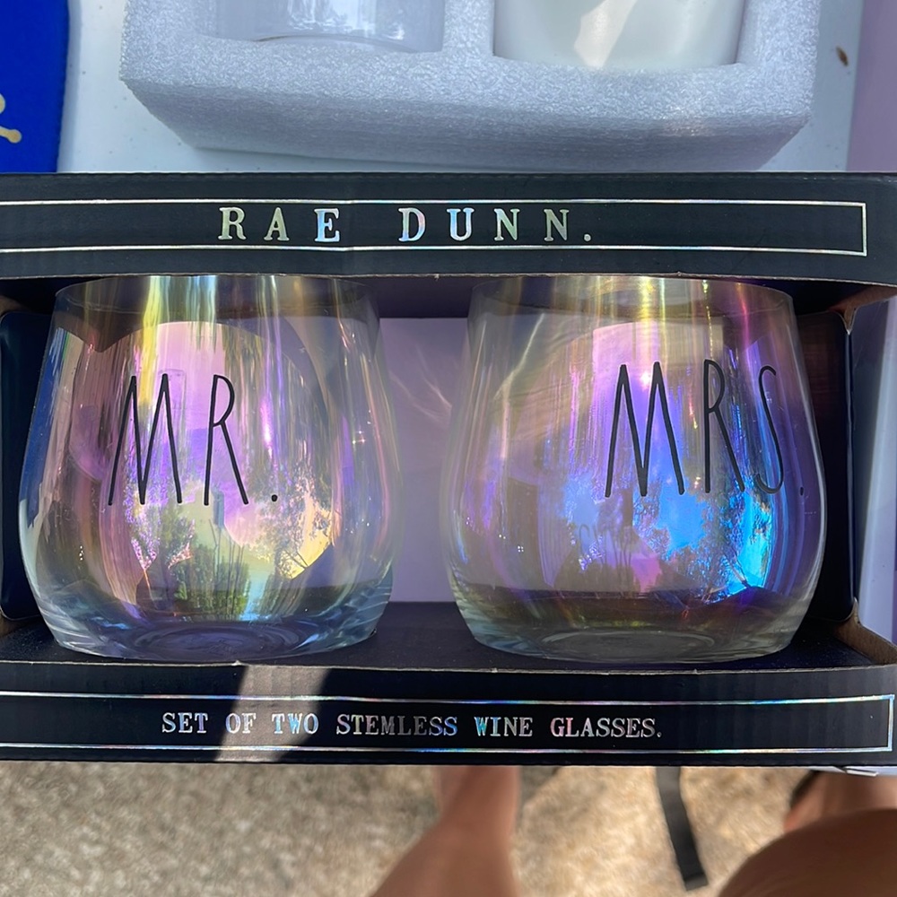 Rae Dunn Mr & Mrs stemless wine glasses